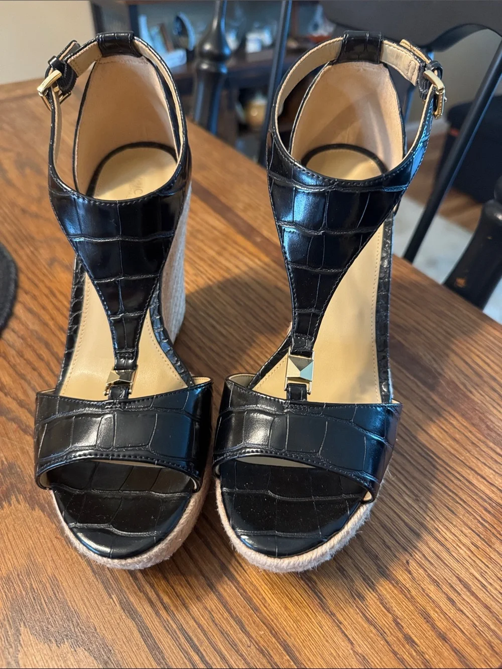 MICHAEL Michael Kors Black Croc-Embossed Espadrille Wedge Sandals